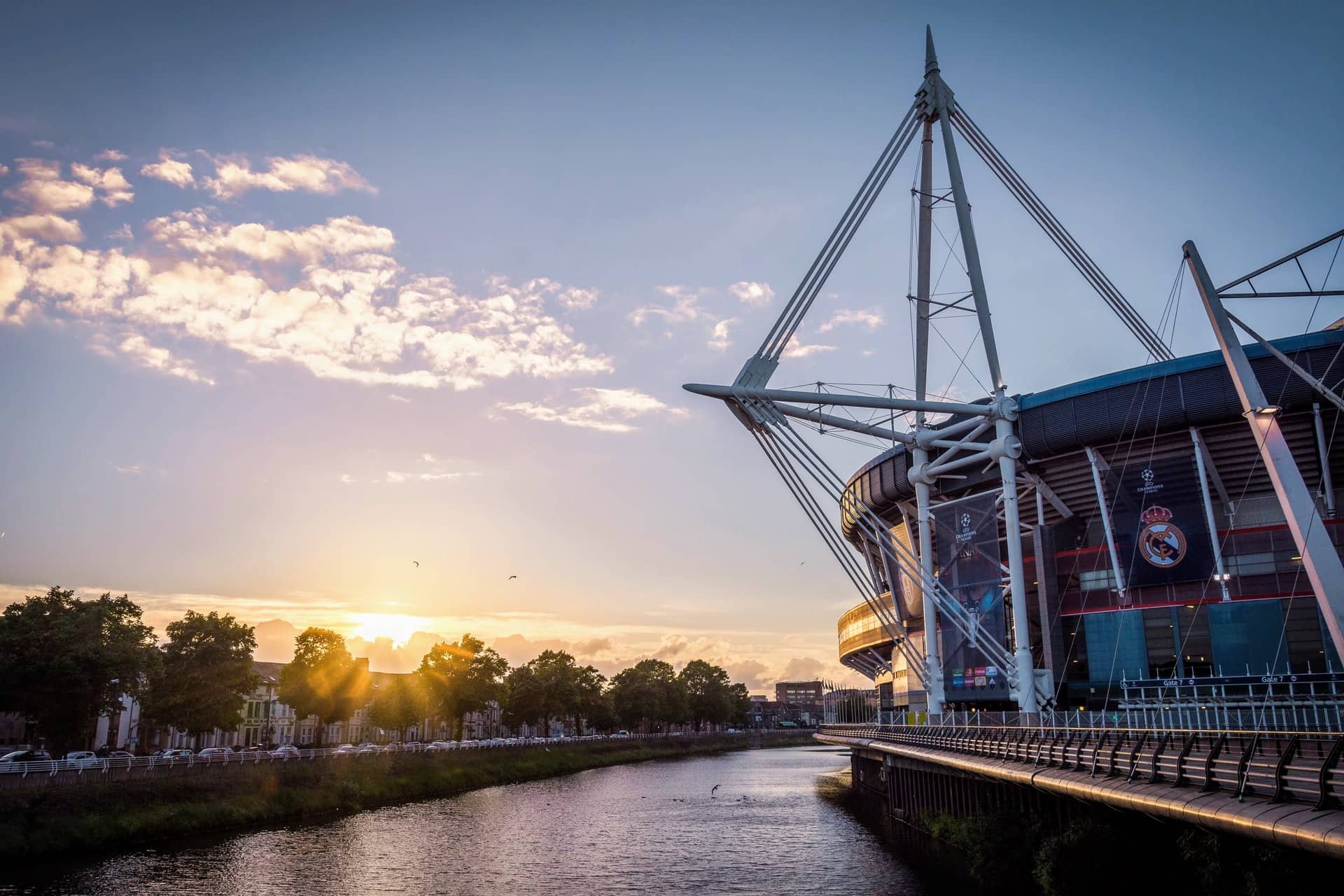 river by the millennium stadium in Cardiff, Wales at sunset 