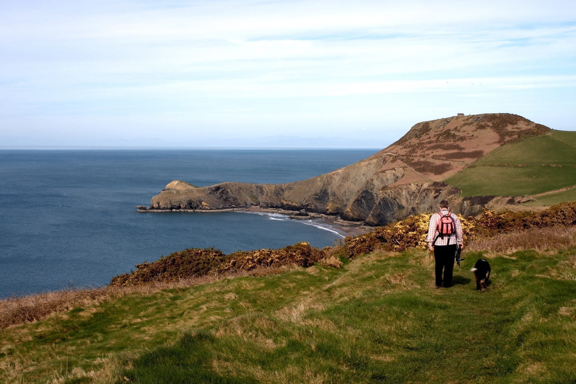 A man and his dog walking along the welsh coastal path